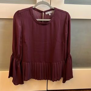 Marled Burgundy Pleated Top with Smocked Bell Sleeves. Size M